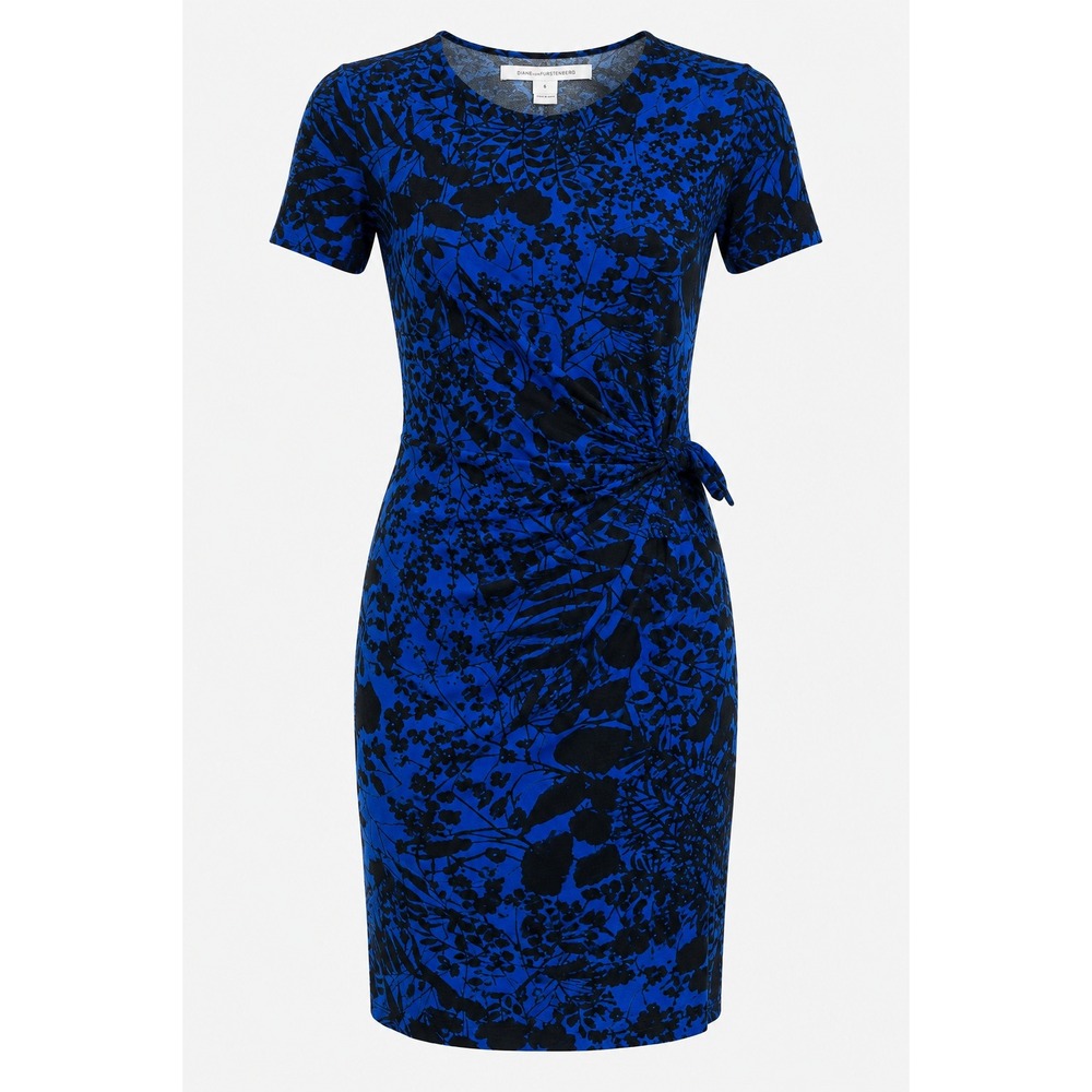 Diane von Furstenberg Zoe Dress Blue Black Floral Cotton Silk Tie Waist Ruched 6